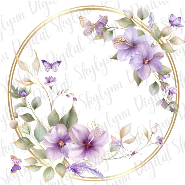 10 purple and pink watercolor flowers and butterflies with a gold frame transparent background, clipart, printable, scrapbook, download