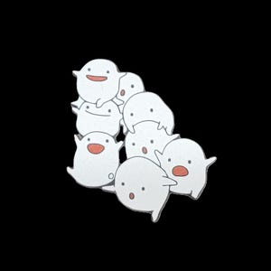 May include: A group of seven white cartoon ghost figures with red mouths and black eyes. The ghosts are stacked on top of each other in a playful, whimsical design.