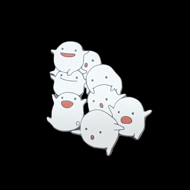 May include: A group of seven white cartoon ghost figures with red mouths and black eyes. The ghosts are stacked on top of each other in a playful, whimsical design.