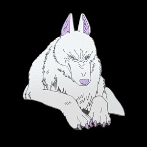 May include: A white wolf with purple ears is lying down with its paws tucked under its body. The wolf has a serious expression on its face.