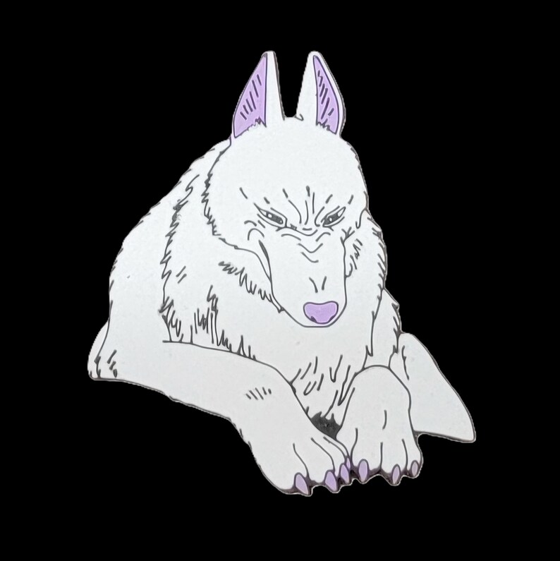 May include: A white wolf with purple ears is lying down with its paws tucked under its body. The wolf has a serious expression on its face.