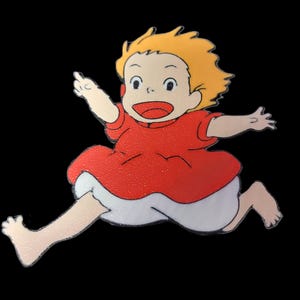 May include: A cartoon illustration of a young girl with blonde hair wearing a red dress and white pants running with her arms outstretched.