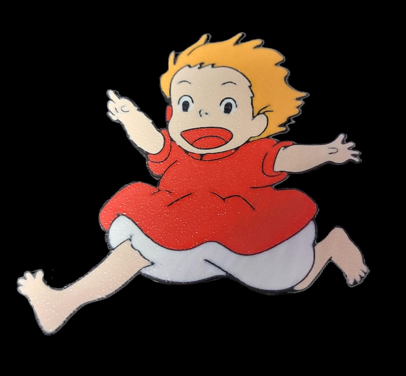 May include: A cartoon illustration of a young girl with blonde hair wearing a red dress and white pants running with her arms outstretched.