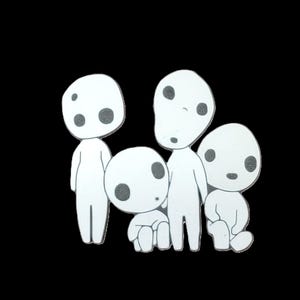 May include: Four white cartoon characters with black eyes and mouths. The characters are standing and sitting in a group.