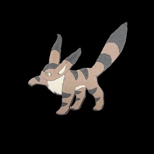 May include: A cartoon illustration of a brown and black striped animal with large ears and a long tail. The animal is walking on all fours and has a white chest.
