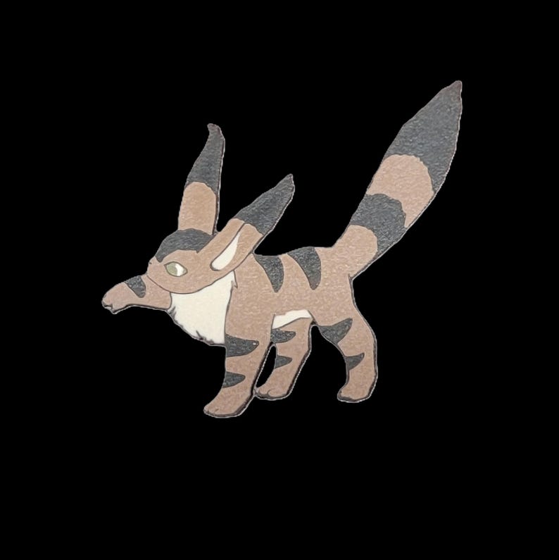 May include: A cartoon illustration of a brown and black striped animal with large ears and a long tail. The animal is walking on all fours and has a white chest.