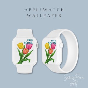 Puede incluir: Dos relojes inteligentes blancos que muestran un fondo de pantalla digital con tulipanes amarillos, naranjas y rosas con hojas verdes. La pantalla muestra la hora 10:15 y la fecha FRI 5. El texto APPLEWATCH WALLPAPER y Series Pana Art son visibles.