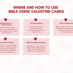 May include: A pink and white graphic with the text "Where and How to Use Bible Verse Valentine Cards". The graphic shows different ways to use Bible verse Valentine cards, including at church events, Christian schools, home celebrations, community outreach, and kids' friendship exchanges.