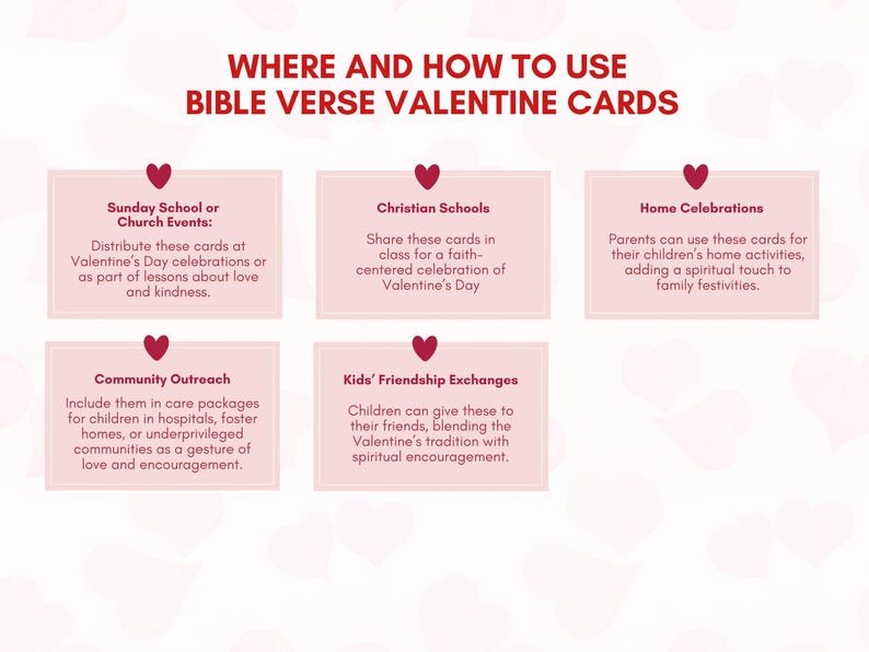 May include: A pink and white graphic with the text "Where and How to Use Bible Verse Valentine Cards". The graphic shows different ways to use Bible verse Valentine cards, including at church events, Christian schools, home celebrations, community outreach, and kids' friendship exchanges.