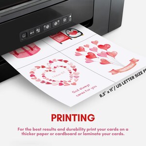 May include: Printable Valentine's Day cards featuring watercolor illustrations of hearts, a mailbox, a penguin, and balloons. The cards are 8.5 inches by 11 inches and are designed for printing on thicker paper or cardboard.
