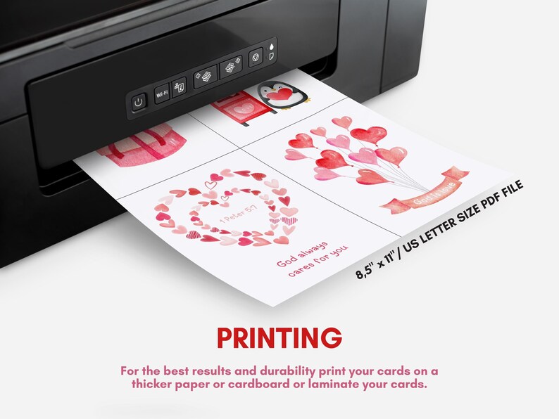 May include: Printable Valentine's Day cards featuring watercolor illustrations of hearts, a mailbox, a penguin, and balloons. The cards are 8.5 inches by 11 inches and are designed for printing on thicker paper or cardboard.