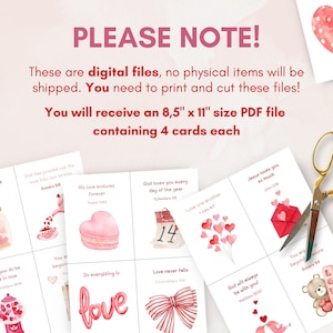 May include: Printable Valentine's Day cards with watercolor illustrations and Bible verses. The cards feature hearts, a jar of hearts, a teacup, a macaron, a calendar, a bow, a teddy bear, and a bird. The cards are 8.5 inches by 11 inches and come in a PDF file.