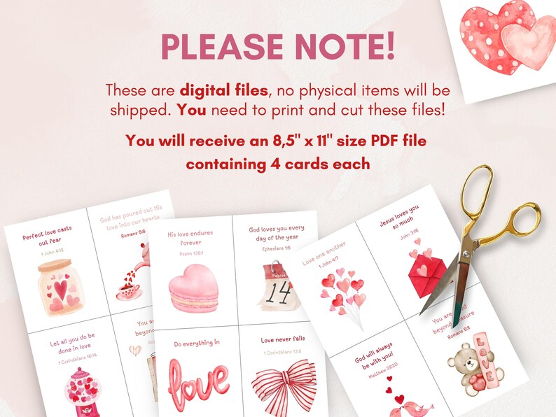 May include: Printable Valentine's Day cards with watercolor illustrations and Bible verses. The cards feature hearts, a jar of hearts, a teacup, a macaron, a calendar, a bow, a teddy bear, and a bird. The cards are 8.5 inches by 11 inches and come in a PDF file.