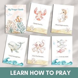 24 tarjetas para aprender a orar para niños / Actividad con indicaciones para la oración / Tarjetas didácticas imprimibles para la escuela dominical - Linda lección con temática de vida marina para niños