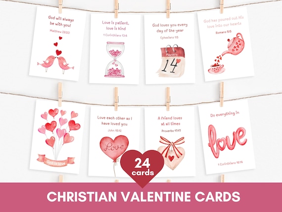 Christian Valentine Cards Set | Valentines Day Scripture Greeting Cards | Bible Verse Printable Flashcards | Watercolor Love Classroom Decor