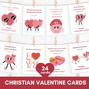Conjunto de cartões cristãos de São Valentim | Cartões de felicitações com escrituras para o Dia dos Namorados | Flashcards imprimíveis com versículos bíblicos | Decoração fofa de sala de aula de amor
