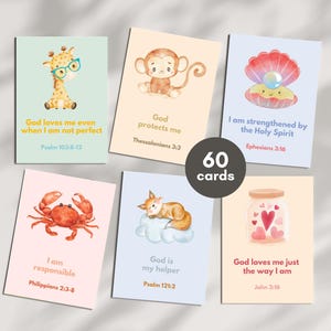 60 Cartões de Afirmação Cristã para Crianças | Notas de Lancheira com Versículos Bíblicos Positivos | Flashcards de Escrituras para Imprimir - Tema de Fé em Pastel Bonito