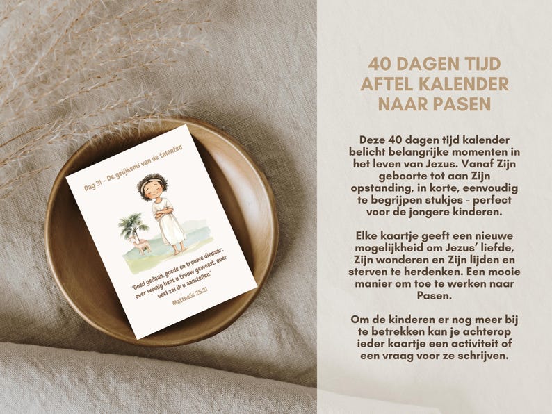 Puede incluir: Un calendario de cuenta atr&aacute;s de 40 d&iacute;as para Pascua. El calendario presenta ilustraciones de la vida y las ense&ntilde;anzas de Jes&uacute;s. Cada tarjeta incluye un vers&iacute;culo b&iacute;blico y un espacio para escribir una nota o una actividad. El calendario es perfecto para familias con ni&ntilde;os peque&ntilde;os.