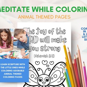 May include: A black and white colouring page featuring a butterfly with the text "The joy of the Lord will make you strong" and a scripture reference "Nehemiah 8-10". The page is designed for children to colour and learn scripture.
