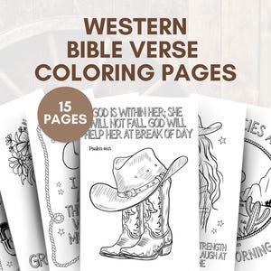 15 pages à colorier western | Pages d'activités pour adultes sur les versets bibliques chrétiens | Activités d'étude de la Bible imprimables | Livre de coloriage écriture cow-girl