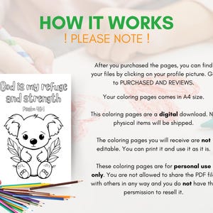May include: A black and white colouring page featuring a koala holding a leaf with the text "God is my refuge and strength, Psalm 46:1". The page is part of a digital download for printable colouring pages.
