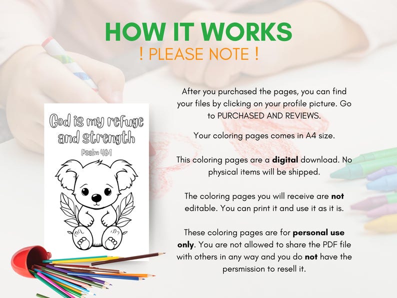 May include: A black and white colouring page featuring a koala holding a leaf with the text "God is my refuge and strength, Psalm 46:1". The page is part of a digital download for printable colouring pages.