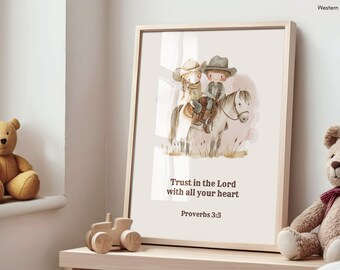 Christian Nursery Wall Art | Trust in the Lord | Cowboy Bible Verse Print | Printable Scripture Print for Kids | Western Themed Decor