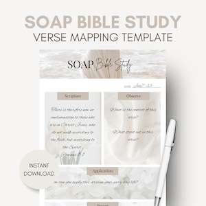 May include: A printable SOAP Bible study template with a white background and a floral design. The template includes sections for Scripture, Observe, Application, and Prayer. The text "There is therefore now no condemnation to those who are in Christ Jesus, who do not walk according to the flesh, but according to the Spirit. Romans 8:1" is included in the Scripture section.