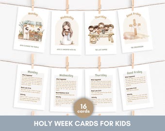 16 Holy Week Study Cards for Kids | Christian Easter Bible Verse and Activity Card, Printable Jesus Story Flashcards | Digital Download
