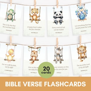 20 Flashcards de Versículos da Bíblia | Cartões de Memória de Escrituras Educacionais | Imprimíveis para Educação Domiciliar | Decoração de Sala de Aula em Aquarela | Tema de Animais Fofos