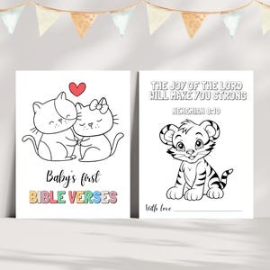 Juego o actividad para baby shower cristiano / Libro con los primeros versículos bíblicos del bebé / 22 páginas para colorear de recuerdo en formato PDF imprimibles / Incluye letrero para la mesa