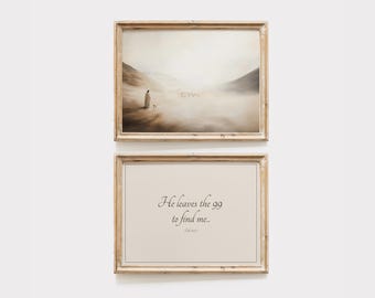 Jesus Leaves the 99 Wall Art Set of 2 | Parable of the Lost Sheep Print, Digital Printable Poster, Good Shepherd | Religious Apartment Decor