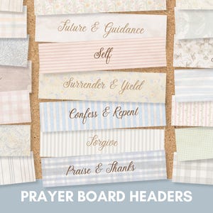 Puede incluir: Un conjunto de encabezados imprimibles para tablero de oración con varios fondos de color pastel y patrones florales. Los encabezados incluyen: Solicitudes, Futuro y guía, Yo, Rendimiento y sumisión, Confesar y arrepentirse, Perdonar, Alabanza y gracias, Preocupaciones, Iglesia, Abuelos, Amigos, Padres, Hermanos y hermanas, y Cónyuge.