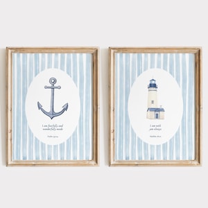 Christian Coastal Bible Wall Art Verse Set of 2 | Cottage Core Nursery Print| Boys Room Vintage Scripture Art | Printable Blue Kids Posters