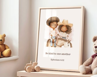 Sejam gentis uns com os outros | Arte de parede de berçário cristã fofa | Impressão de versículo bíblico de cowboy | Impressão de escritura para crianças | Tema ocidental