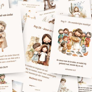 Puede incluir: Un conjunto de tarjetas ilustradas con im&aacute;genes de estilo acuarela que representan escenas de la Biblia. Cada tarjeta presenta una historia diferente, incluyendo la traici&oacute;n de Judas, la alimentaci&oacute;n de los 5.000 y Jes&uacute;s ense&ntilde;ando a sus disc&iacute;pulos. Las tarjetas est&aacute;n impresas en papel blanco con texto y bordes marrones.