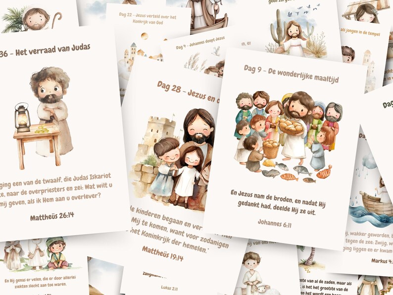 Puede incluir: Un conjunto de tarjetas ilustradas con im&aacute;genes de estilo acuarela que representan escenas de la Biblia. Cada tarjeta presenta una historia diferente, incluyendo la traici&oacute;n de Judas, la alimentaci&oacute;n de los 5.000 y Jes&uacute;s ense&ntilde;ando a sus disc&iacute;pulos. Las tarjetas est&aacute;n impresas en papel blanco con texto y bordes marrones.