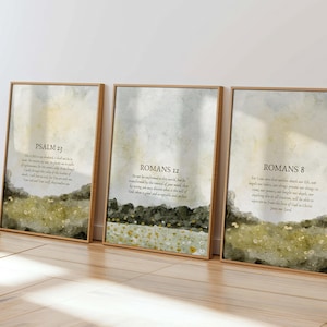 Set of 3 Vintage Wall Art Prints | Modern Christian Psalm 23,  Romans  8 & 12 | Printable Scripture Poster | Bible Verse Digital Download