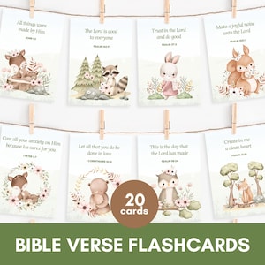 20 bijbelvers flashcards | Educatieve geheugenkaarten | Afdrukbaar thuisonderwijs | Aquarel klasdecor | Bosdierenthema