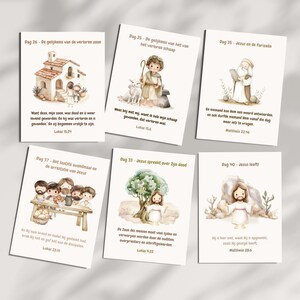 Puede incluir: Un conjunto de diez tarjetas ilustradas con im&aacute;genes de acuarela y texto en holand&eacute;s. Cada tarjeta presenta una escena diferente de la historia b&iacute;blica de Jes&uacute;s. Las tarjetas est&aacute;n numeradas del 10 al 37. El texto en las tarjetas incluye el vers&iacute;culo b&iacute;blico y el d&iacute;a de la historia.