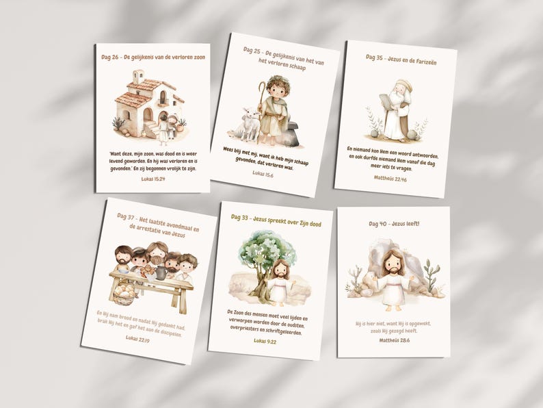 Puede incluir: Un conjunto de diez tarjetas ilustradas con im&aacute;genes de acuarela y texto en holand&eacute;s. Cada tarjeta presenta una escena diferente de la historia b&iacute;blica de Jes&uacute;s. Las tarjetas est&aacute;n numeradas del 10 al 37. El texto en las tarjetas incluye el vers&iacute;culo b&iacute;blico y el d&iacute;a de la historia.