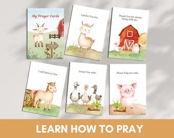 24 Learn How To Pray Cards for Kids | Prayer Prompts Activity | Printable Sunday School Flashcards - Cute Farm Themed Lesson for Children