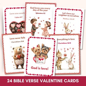 24 christelijke valentijnskaartenset | Wenskaarten met tekst voor Valentijnsdag | Afdrukbare flashcards met bijbelteksten | Klaslokaaldecoratie Cute Love