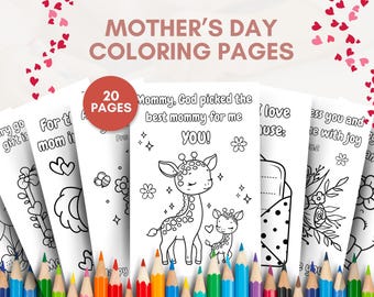 Puede incluir: Un conjunto de 20 páginas para colorear para el Día de la Madre. Las páginas presentan varios diseños, incluyendo una jirafa, flores y un corazón. El texto en las páginas dice "Mamá, Dios escogió a la mejor mamá para mí ¡TÚ!" y "Para la mamá de mi casa".