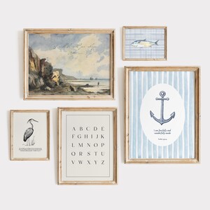 Christian Coastal Gallery Wall Set of 5 | Cottage Core Nursery Art | Boys Room Vintage Bible Verse Print | Printable Scripture Posters