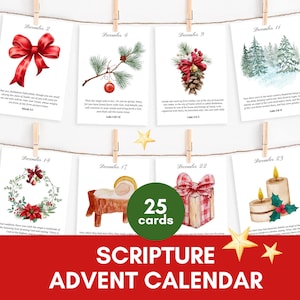 Calendrier de l'Avent biblique de la Nativité | Compte à rebours de Noël versets bibliques | Flashcards imprimables DIY de décembre | Cadeaux chrétiens de Noël