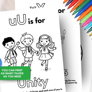 May include: Black and white coloring page featuring three children holding hands and the text "UU is for Unity". The page is part of a 26-page coloring book.