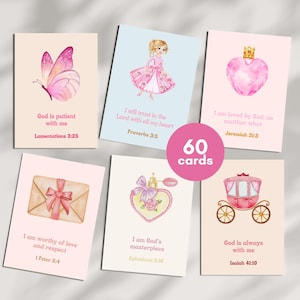 60 christliche Affirmationskarten für kleine Mädchen | Positive Bibel Vers Lunchbox Notizen | Druckbare Schrift Karteikarten - Rosa Pastell Themed