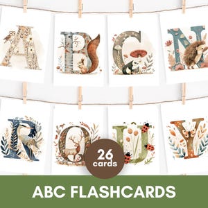 26 alfabetkaarten | Educatieve ABC-kaarten voor kleuters | Afdrukbaar thuisonderwijs | Montessoricursus leren | Bosdecoratie in de klas