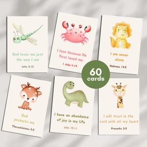 60 tarjetas de afirmaciones cristianas para niños / Notas para la lonchera con versículos bíblicos positivos / Tarjetas imprimibles de las Escrituras - Adorables animales con temática de fe